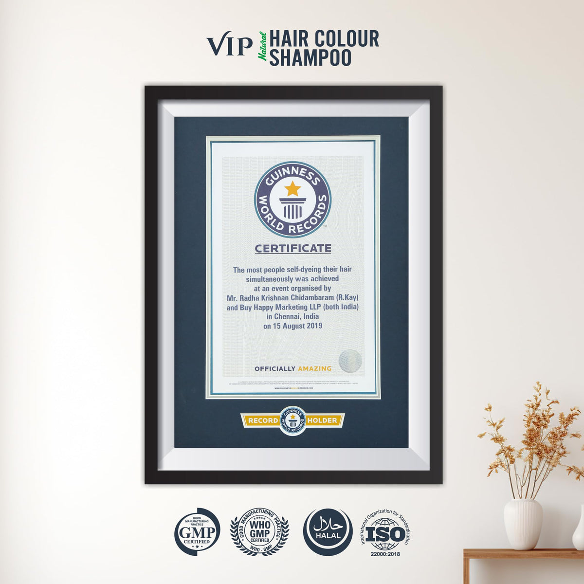 VIP HAIR COLOUR SHAMPOO on bathroom counter with towel showing lifestyle convenience