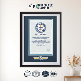 VIP HAIR COLOUR SHAMPOO on bathroom counter with towel showing lifestyle convenience
