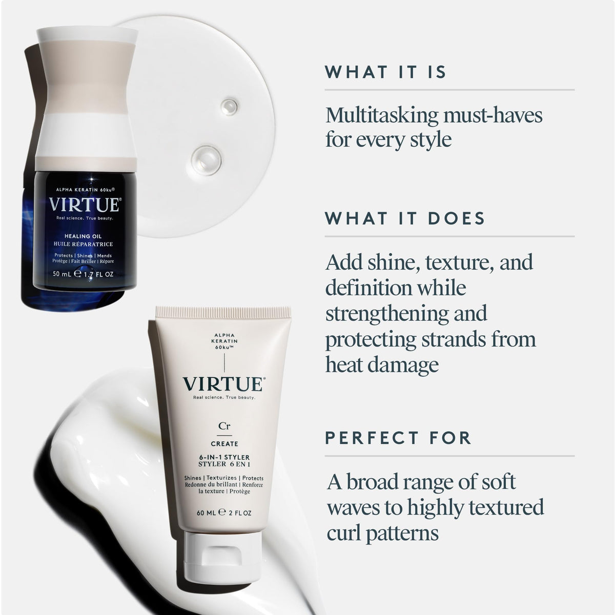 VIRTUE 6-in-1 Styling Cream jar front highlighting protection
