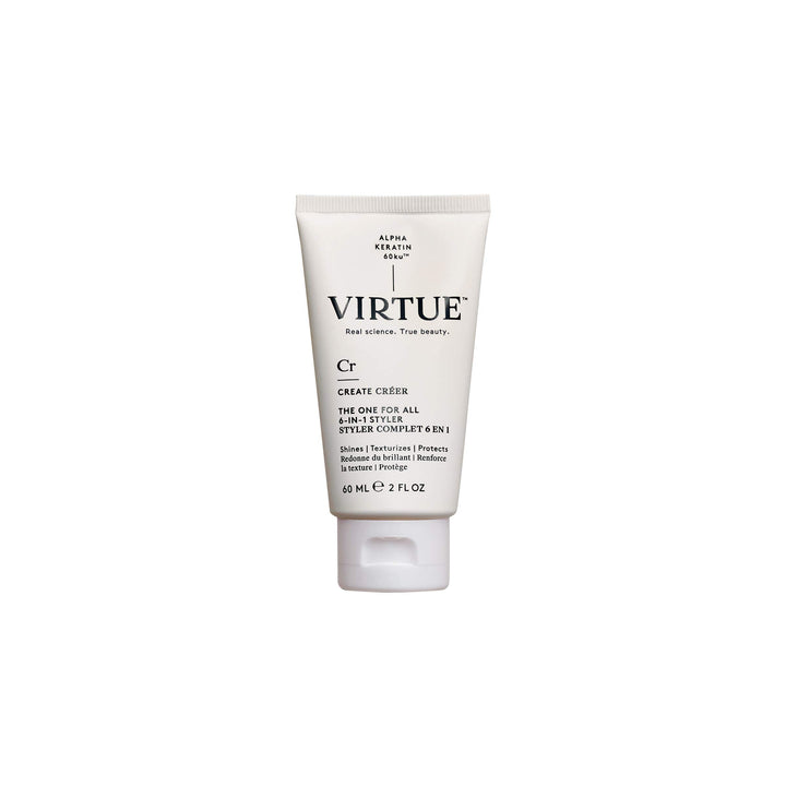 Virtue 6-in-1 Styler front packaging showing sleek bottle and label, promotes polished styling