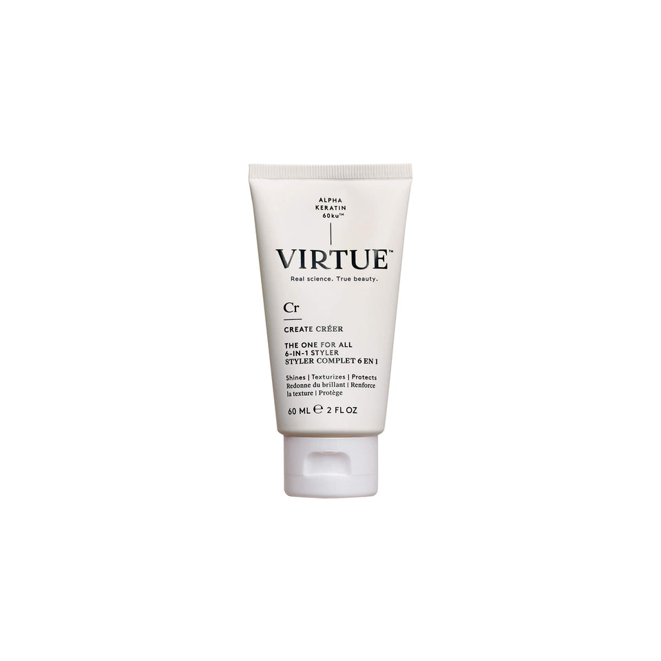 Virtue 6-in-1 Styler front packaging showing sleek bottle and label, promotes polished styling