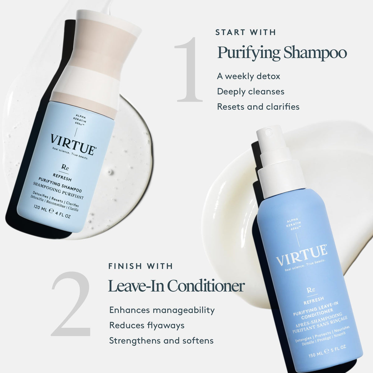 VIRTUE label close-up highlighting Alpha Keratin 60ku ingredient benefits