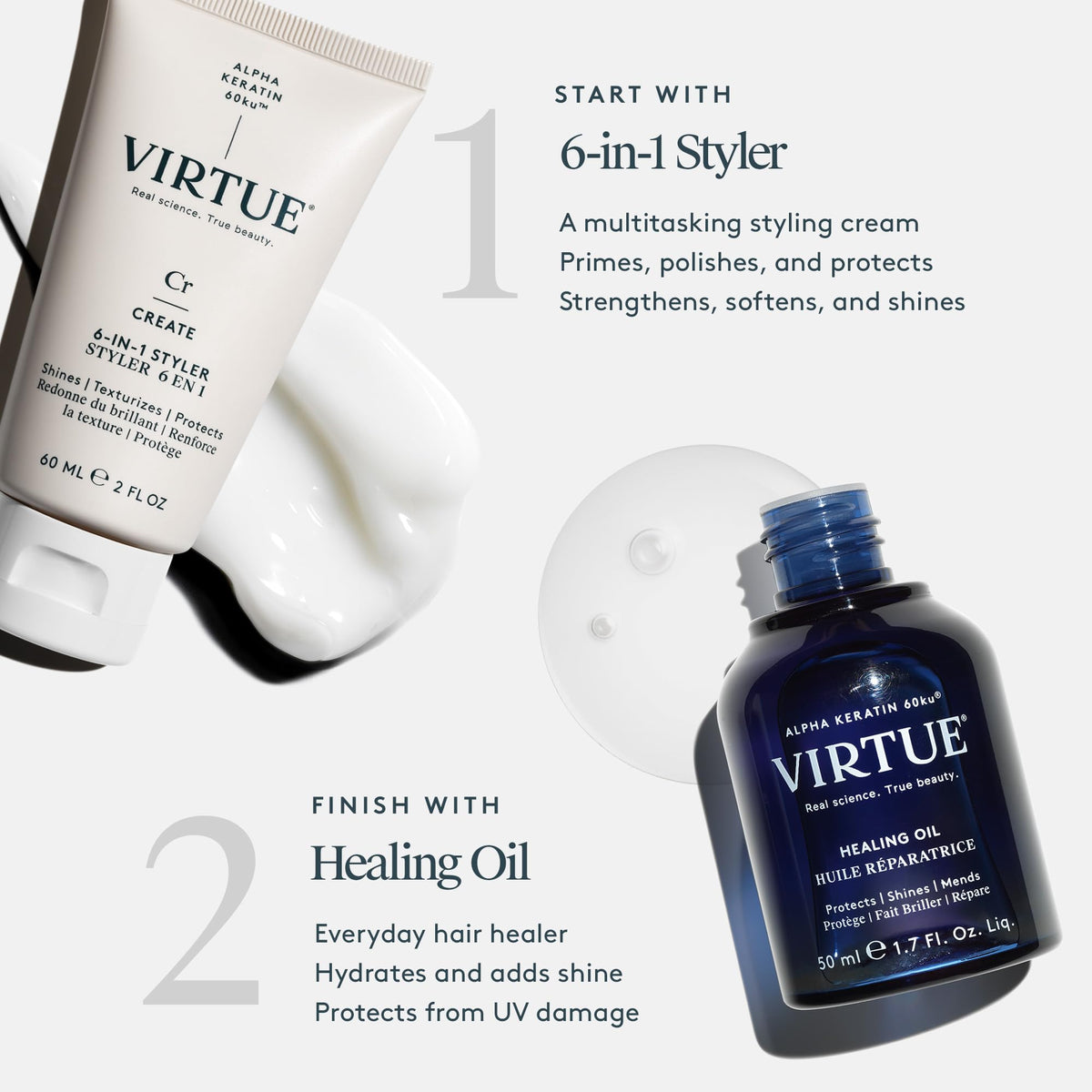 VIRTUE bundle flatlay on vanity showcasing convenience and value