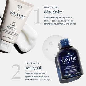 VIRTUE bundle flatlay on vanity showcasing convenience and value