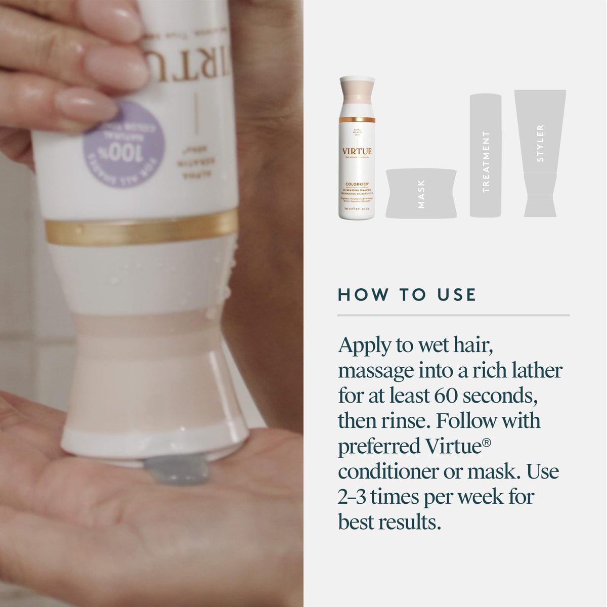 VIRTUE ColorKick close-up of ingredient label emphasizing clean, sulfate-free formulation