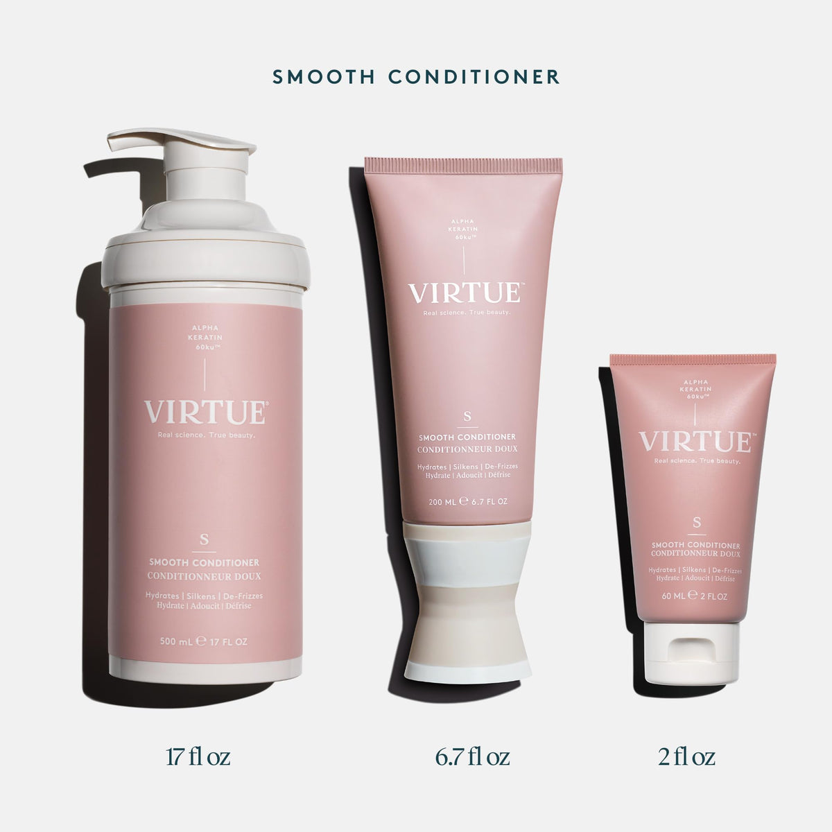 VIRTUE conditioner being applied in shower to reduce frizz and add shine