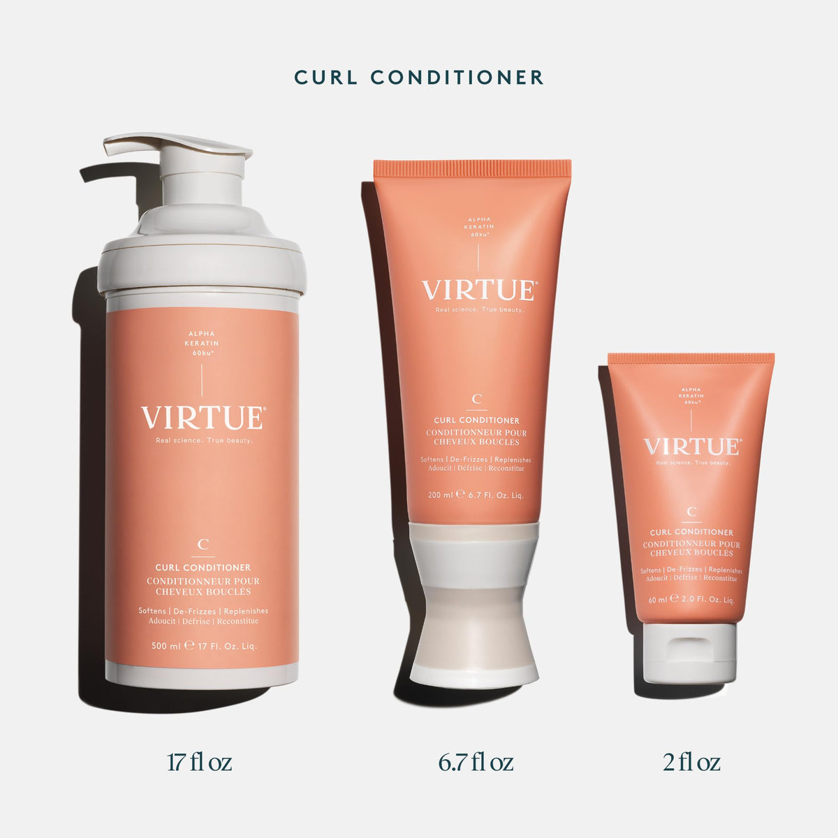 VIRTUE applying conditioner to curly hair illustrating detangling and frizz control benefits