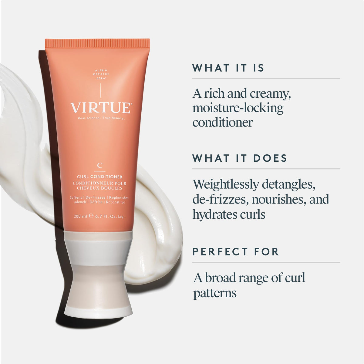 VIRTUE open cap revealing creamy conditioner texture for easy dispensing and use