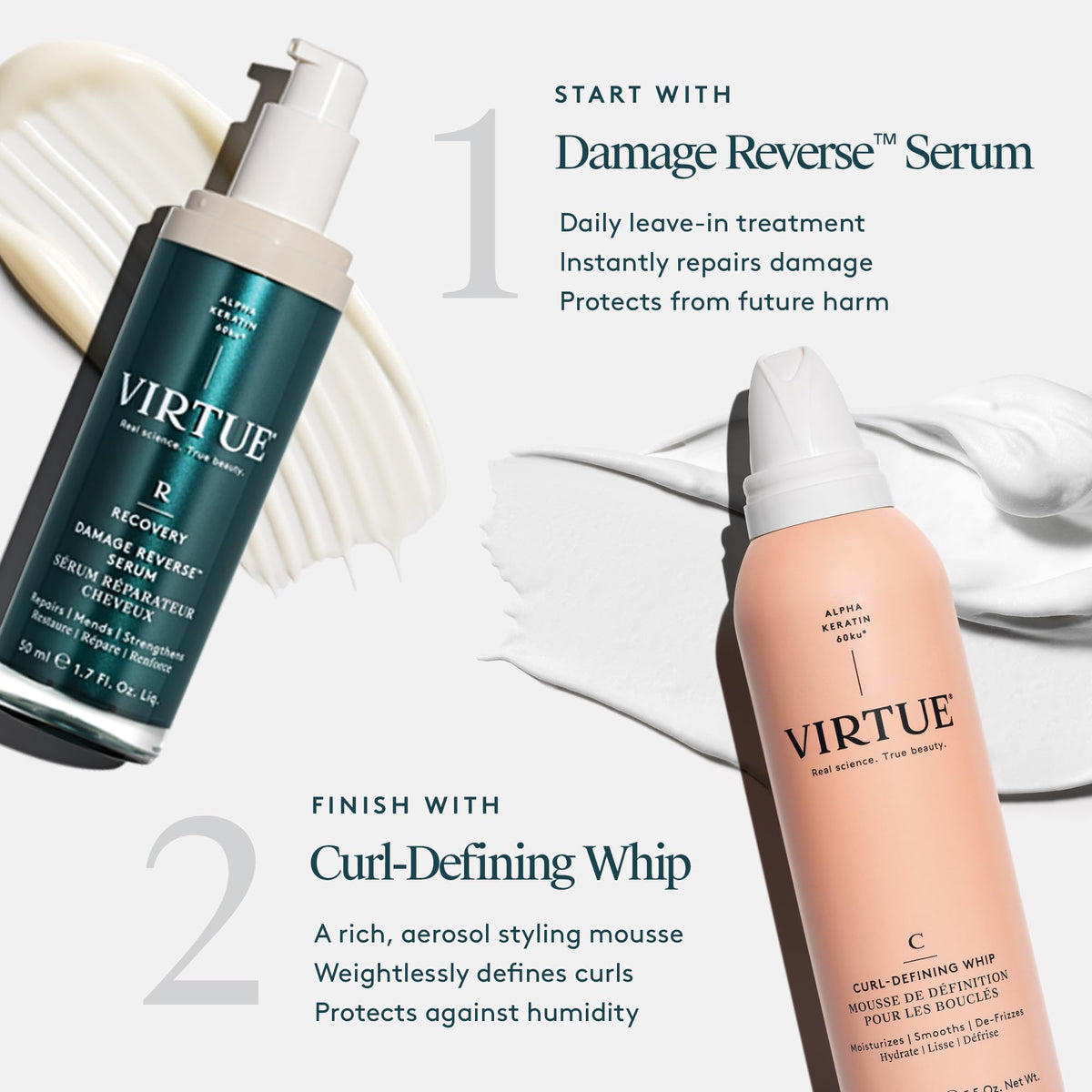 VIRTUE ingredient panel label closeup emphasizing Alpha Keratin 60ku and plant extracts