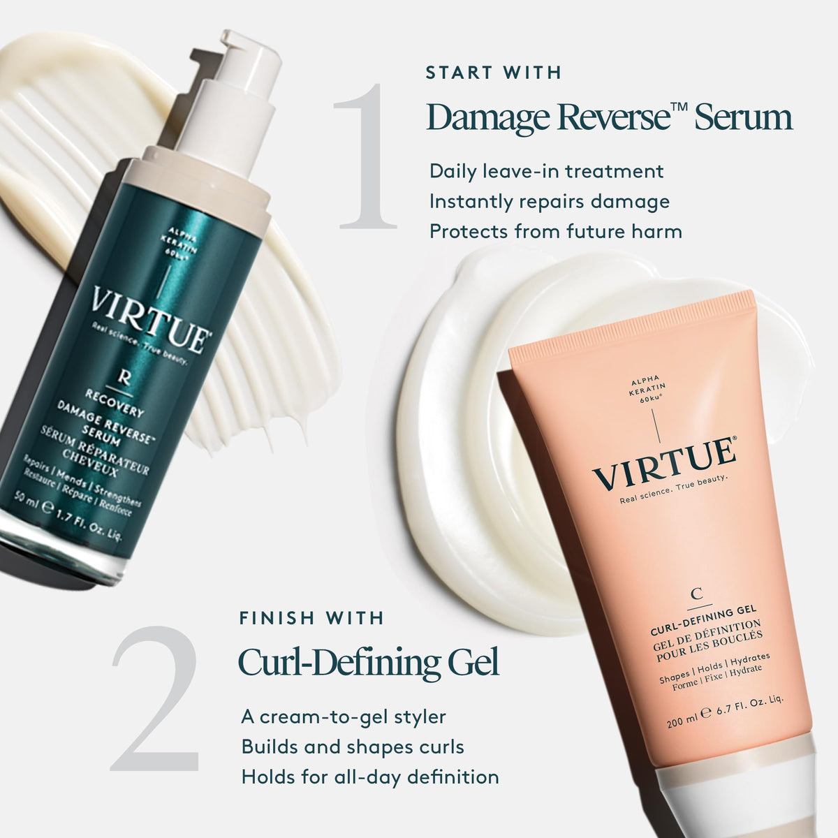 VIRTUE label close-up highlighting ingredient claims, color-safe and silicone-free benefits