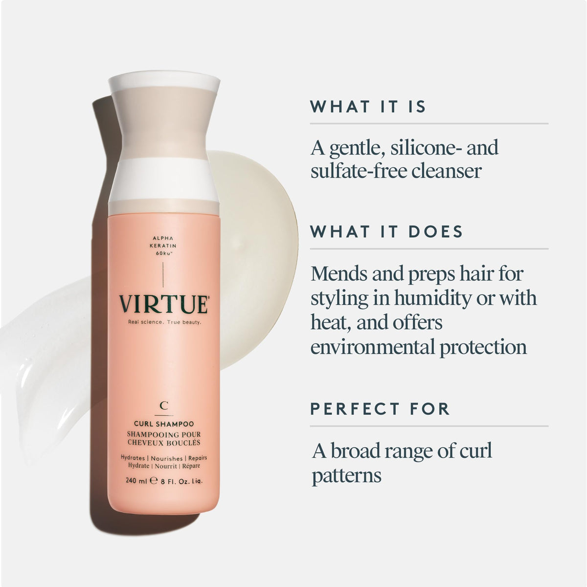 VIRTUE label close-up highlighting ingredients and product details
