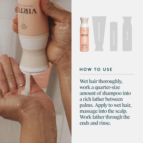 VIRTUE shampoo pouring to show texture and spreadability benefit