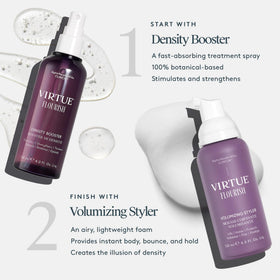 VIRTUE applying spray to scalp in thinning area for targeted nourishment benefit