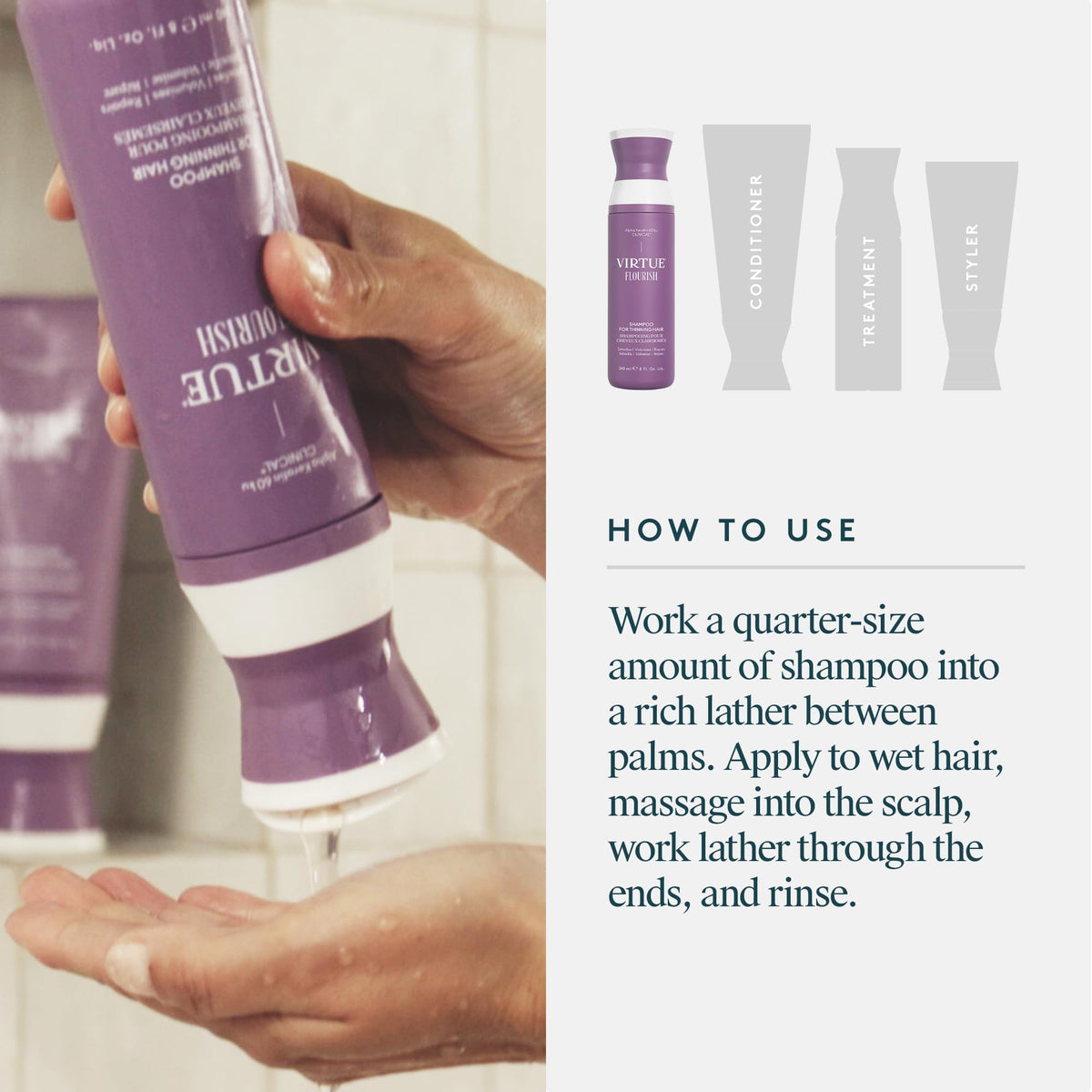 VIRTUE bottle on bathroom shelf suggesting aesthetic and routine benefit
