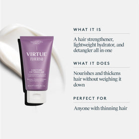 VIRTUE conditioner texture poured on hand highlighting lightweight glide