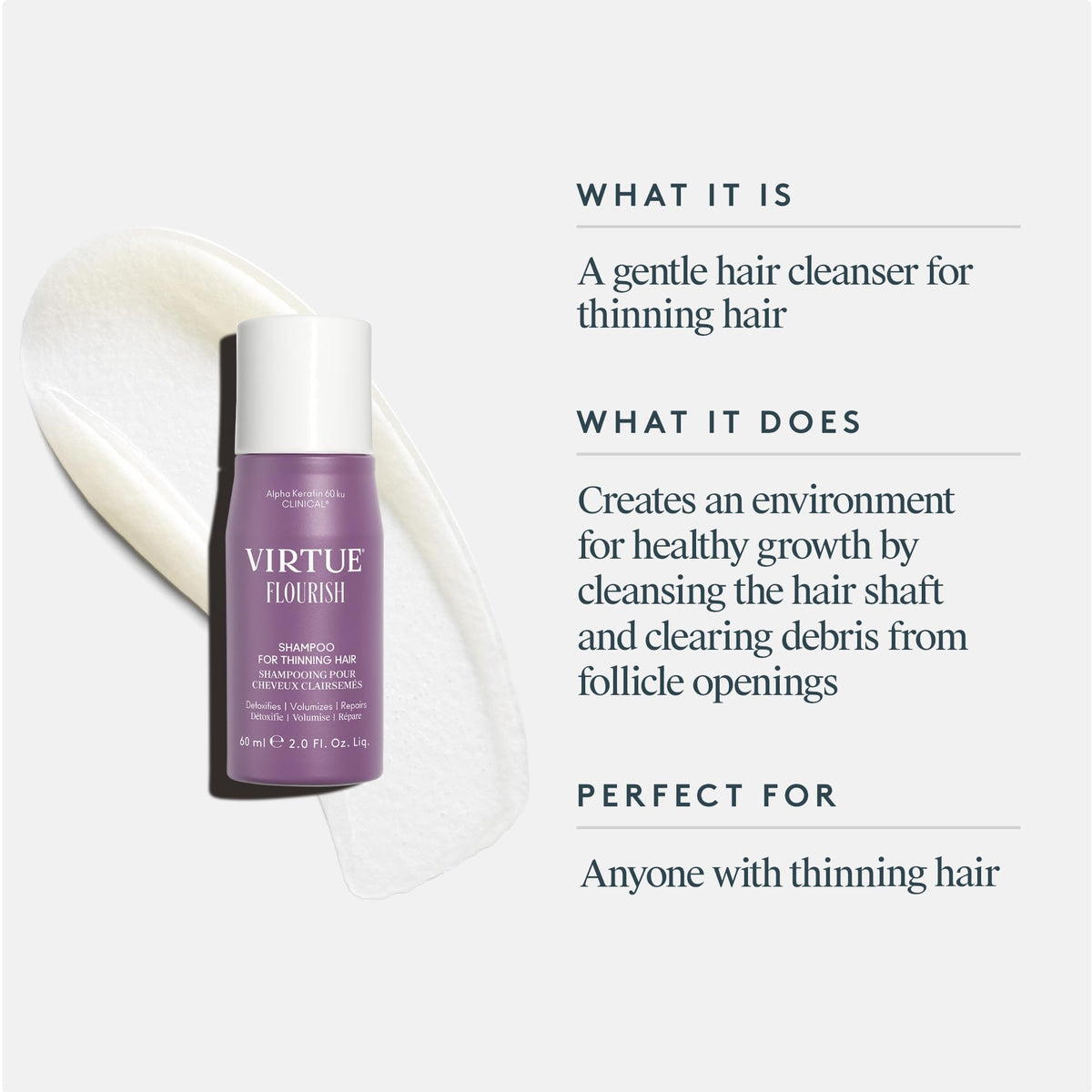 VIRTUE label and pump detail highlighting product benefits and instructions