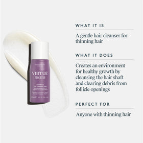 VIRTUE label and pump detail highlighting product benefits and instructions