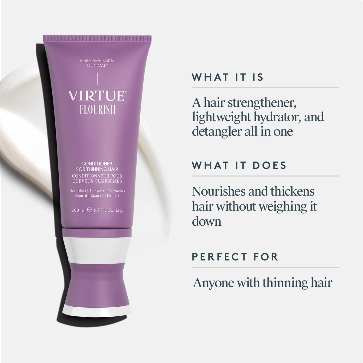 VIRTUE pump dispensing conditioner into palm, indicates easy controlled use