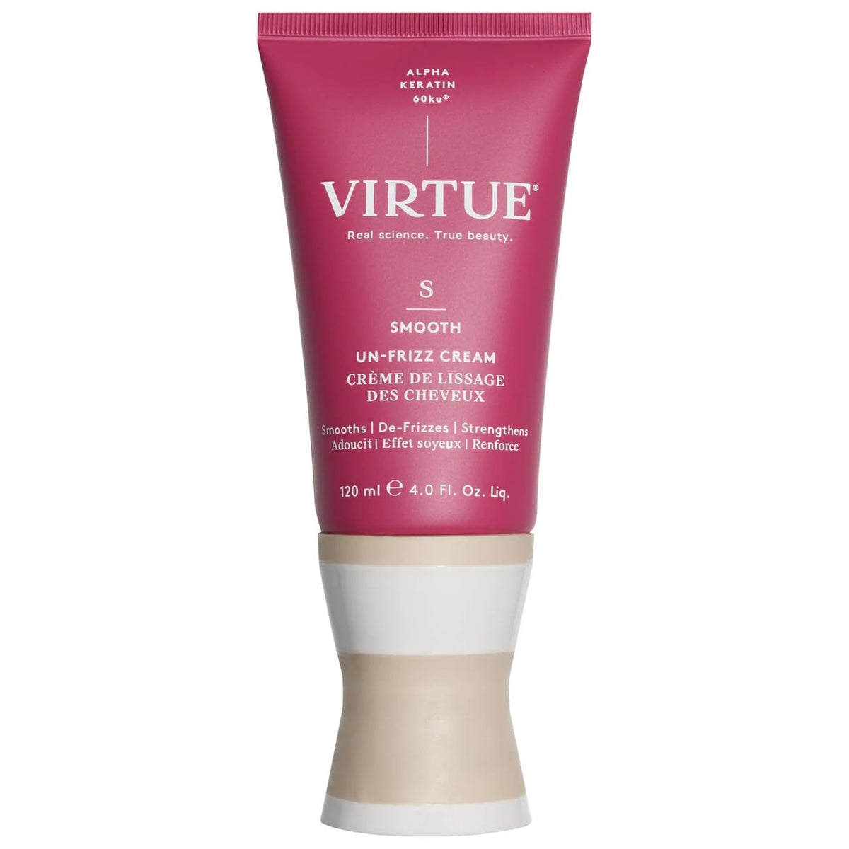 VIRTUE front bottle showing product and sleek hair benefit