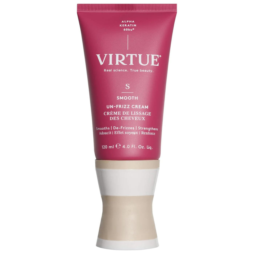 VIRTUE front bottle showing product and sleek hair benefit