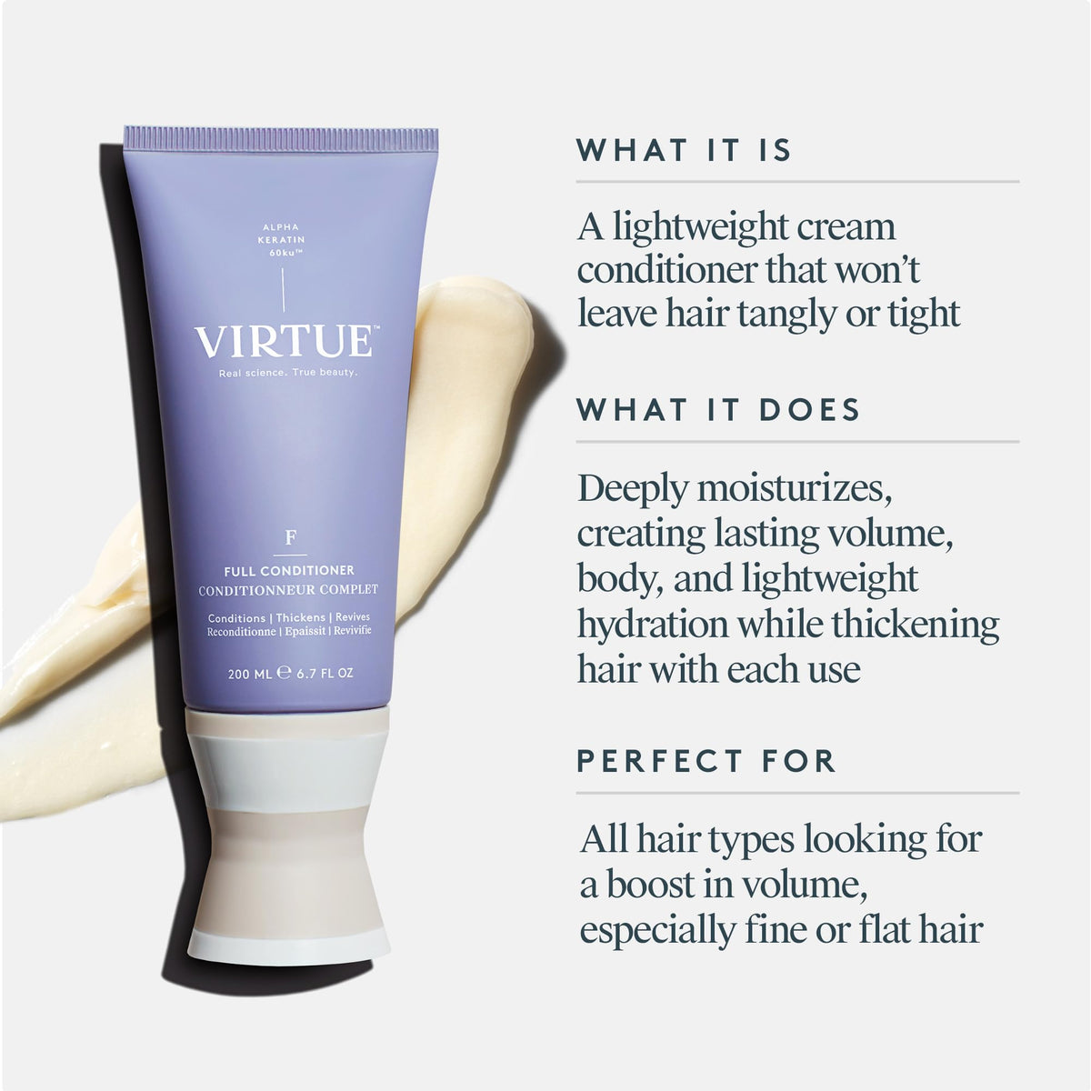 VIRTUE label close-up highlighting ingredients and benefits for confident choice