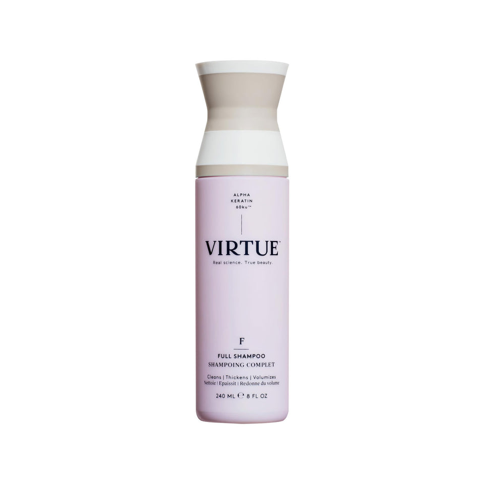 VIRTUE front packaging shows bottle and branding, communicates clean formula benefit