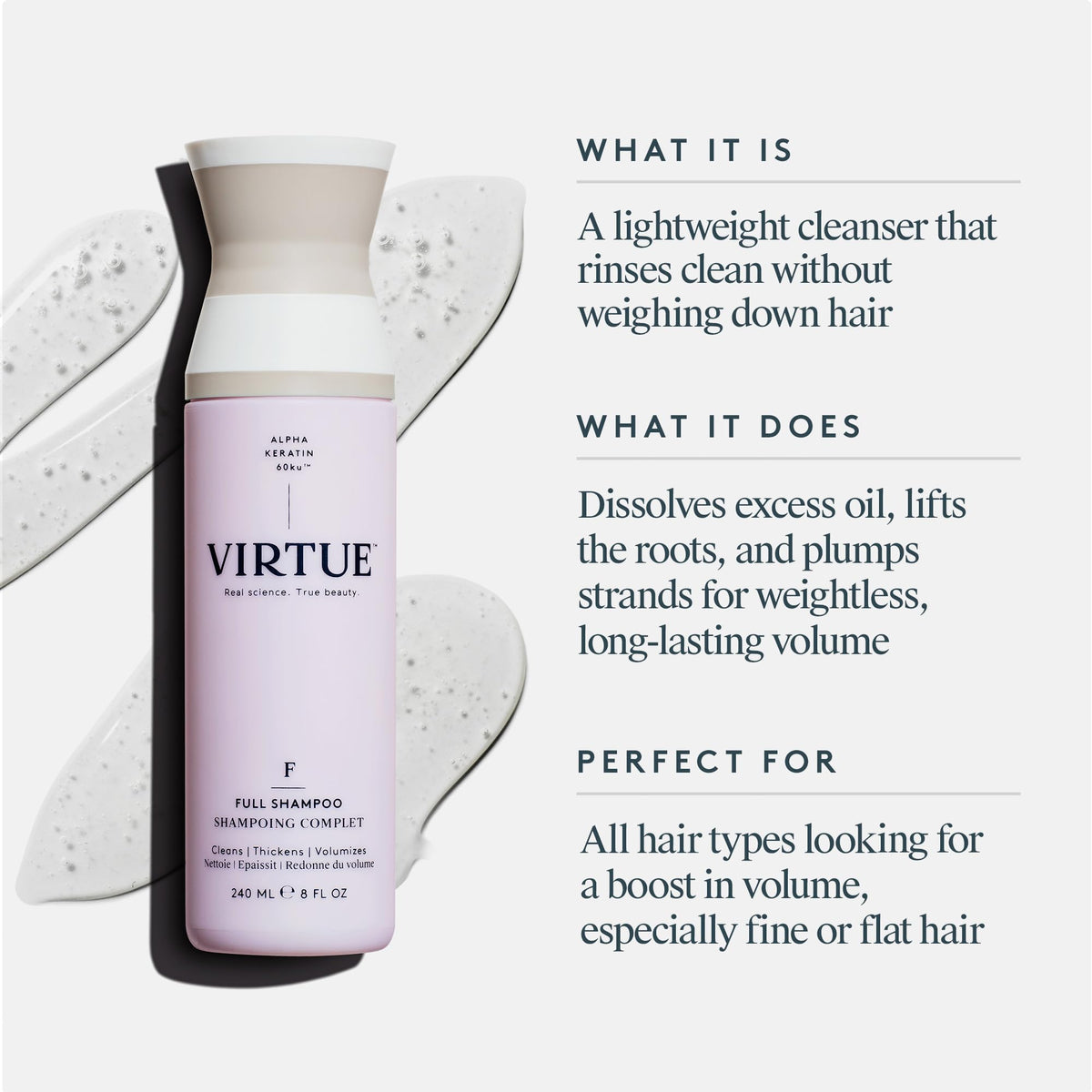 VIRTUE pump and label detail highlighting product name and ingredient clarity benefit