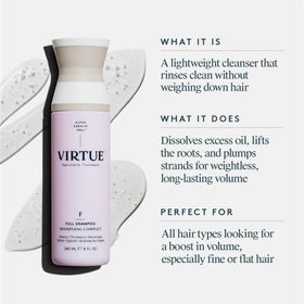 VIRTUE pump and label detail highlighting product name and ingredient clarity benefit