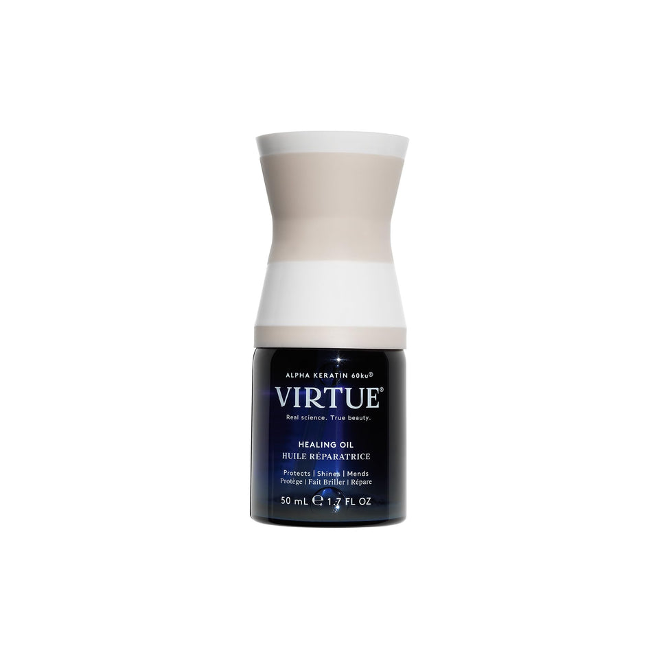 VIRTUE front bottle view showing sleek packaging and lightweight serum benefit