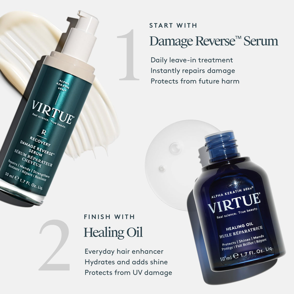 VIRTUE bottle next to common items to show 1.7 fl oz scale and travel ease