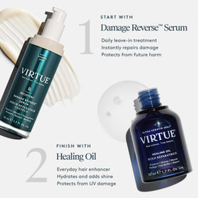 VIRTUE bottle next to common items to show 1.7 fl oz scale and travel ease