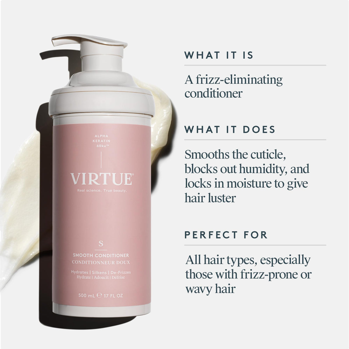 VIRTUE label close-up highlighting Alpha Keratin 60ku for smoother cuticles