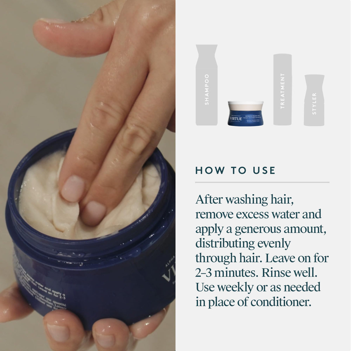 VIRTUE product on bathroom shelf in lifestyle shot for daily routine appeal