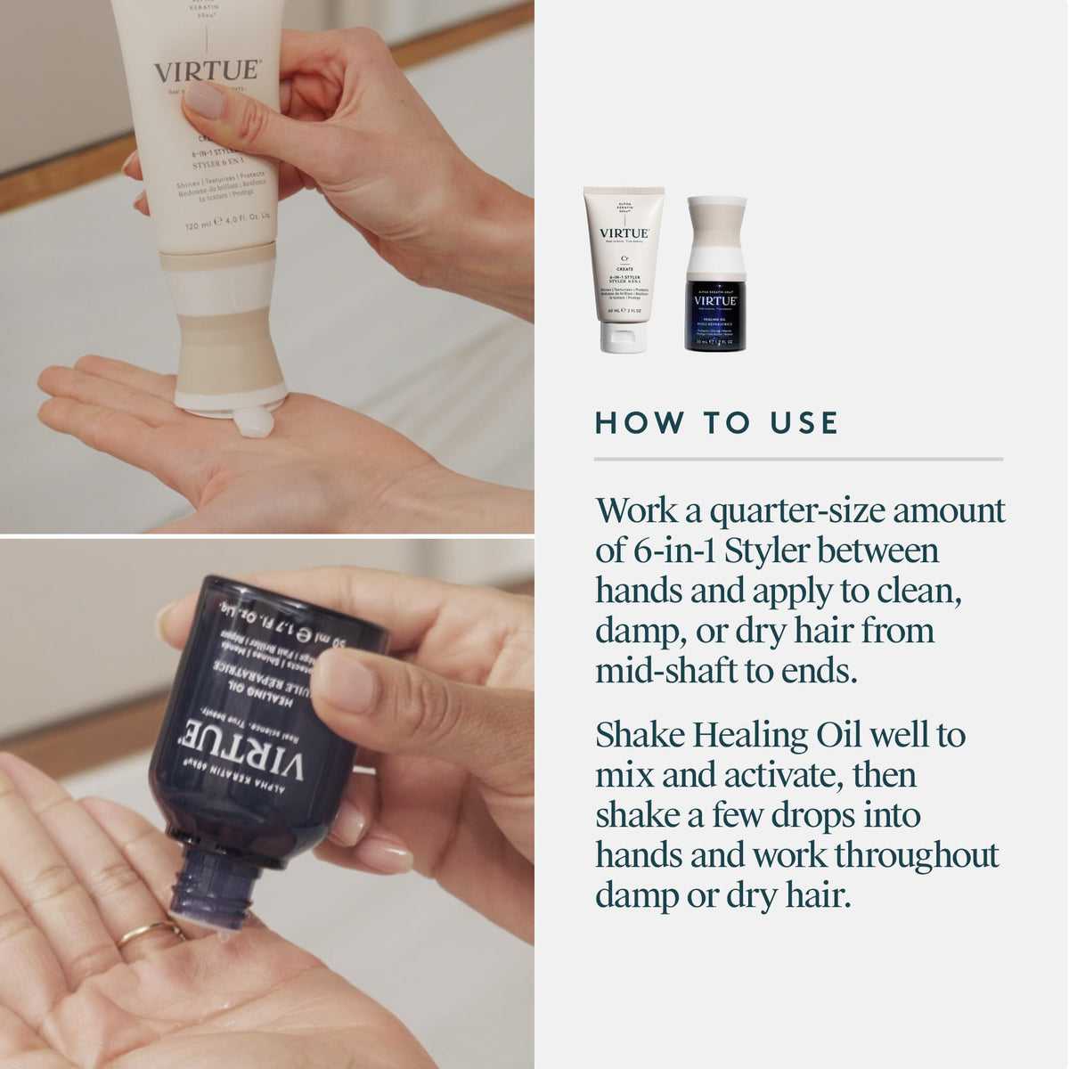 VIRTUE oil pump and droplet texture illustrating lightweight nourishment