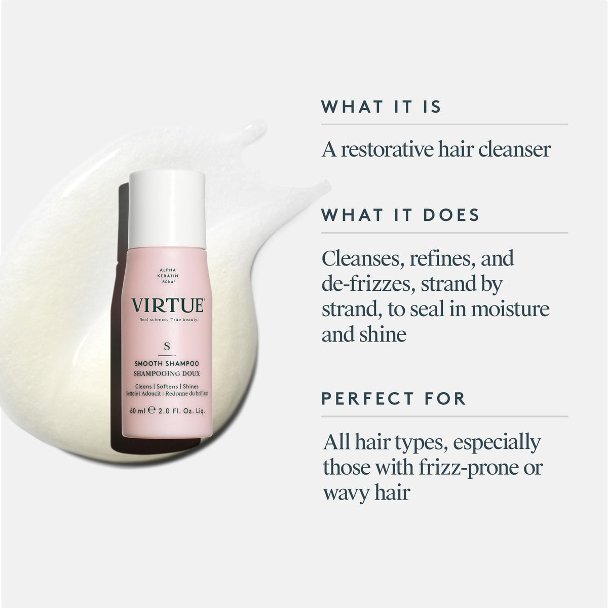 VIRTUE shampoo pump close-up highlighting user-friendly dispenser