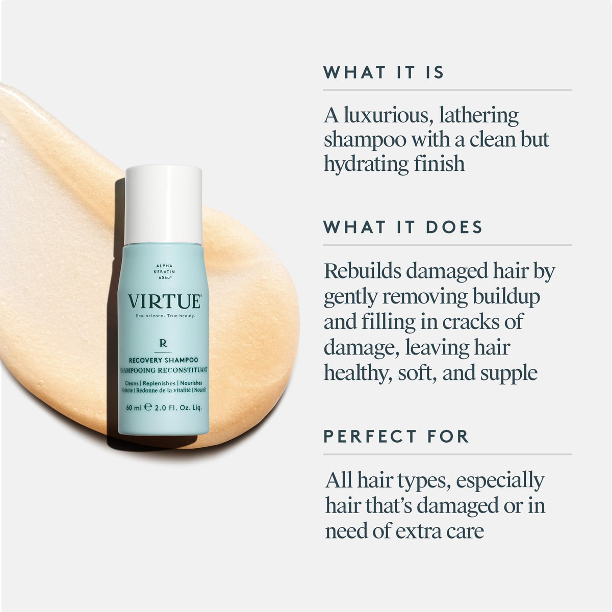 VIRTUE back label with ingredients list and product benefits highlighted