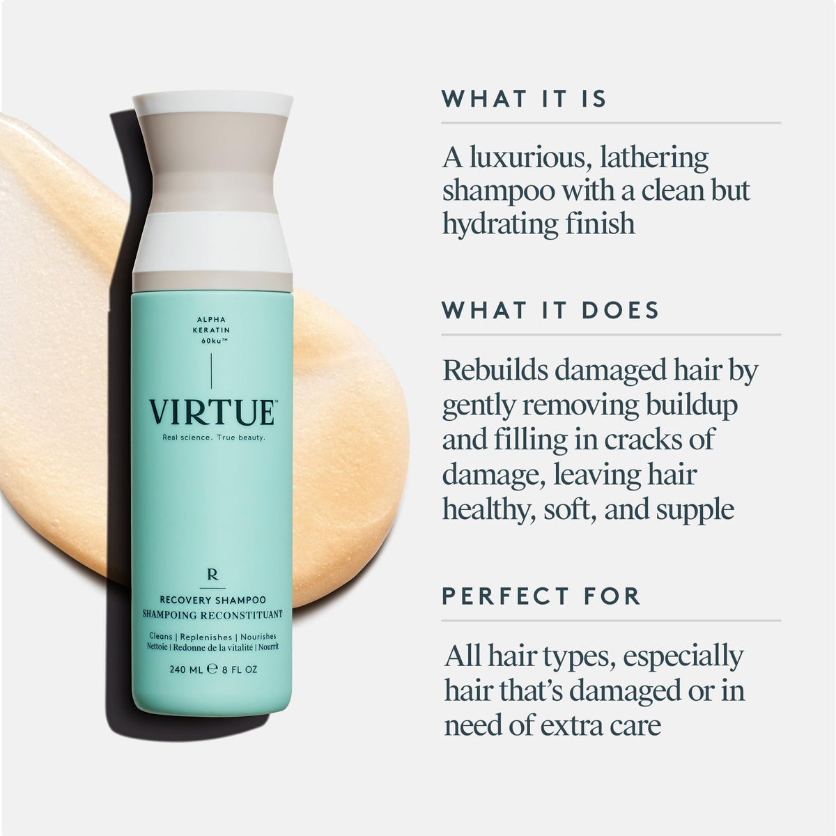 VIRTUE shampoo pump and cap close-up highlighting easy dispensing