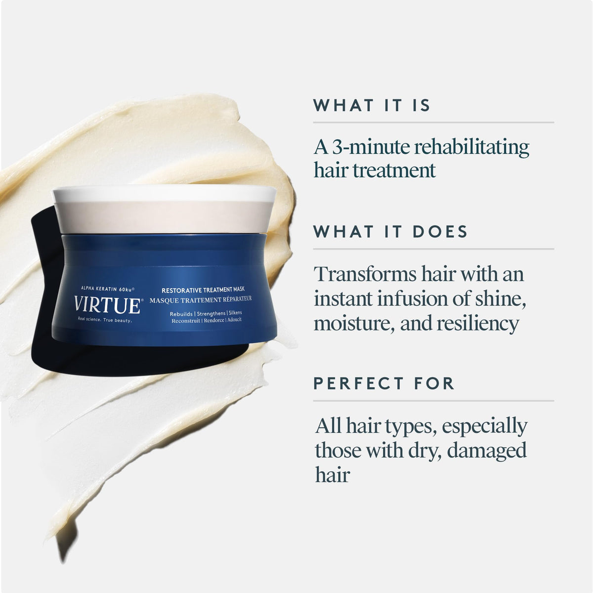 VIRTUE open jar cream texture highlighting rich conditioning and easy spread