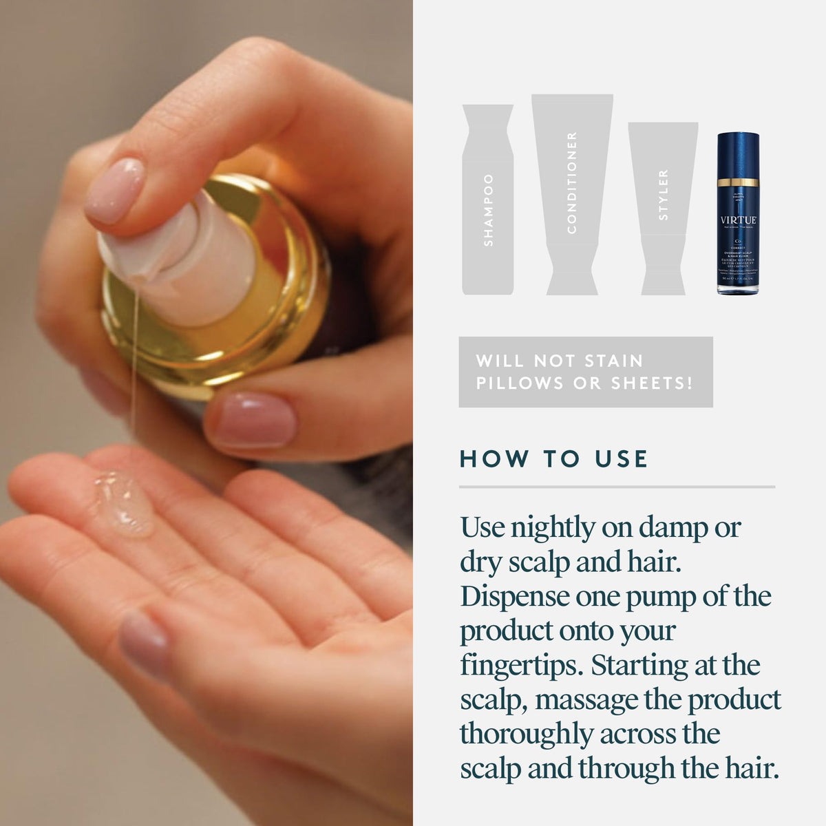 VIRTUE serum texture drop highlighting lightweight, non-greasy feel