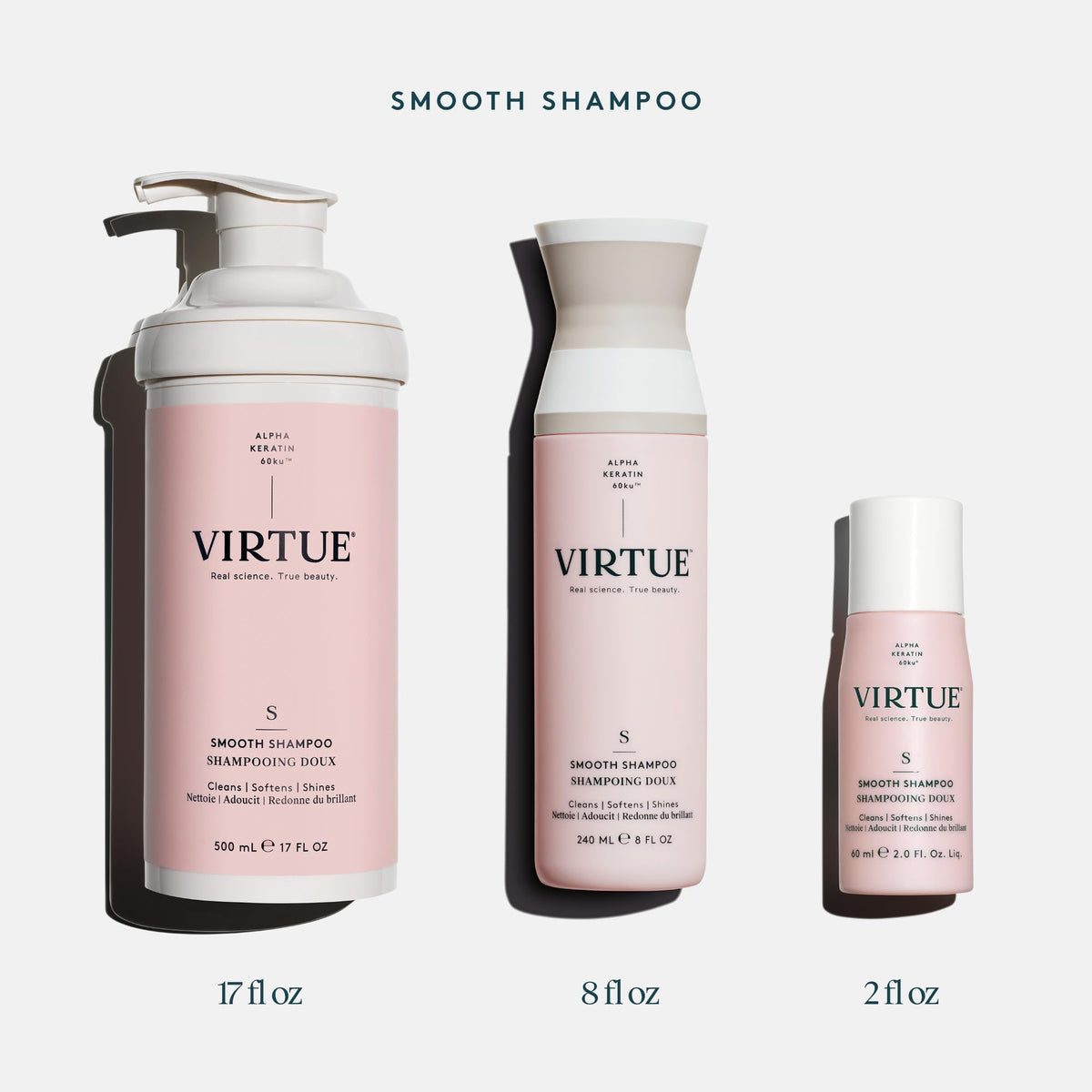 VIRTUE Smooth Shampoo next to conditioner showing duo benefit
