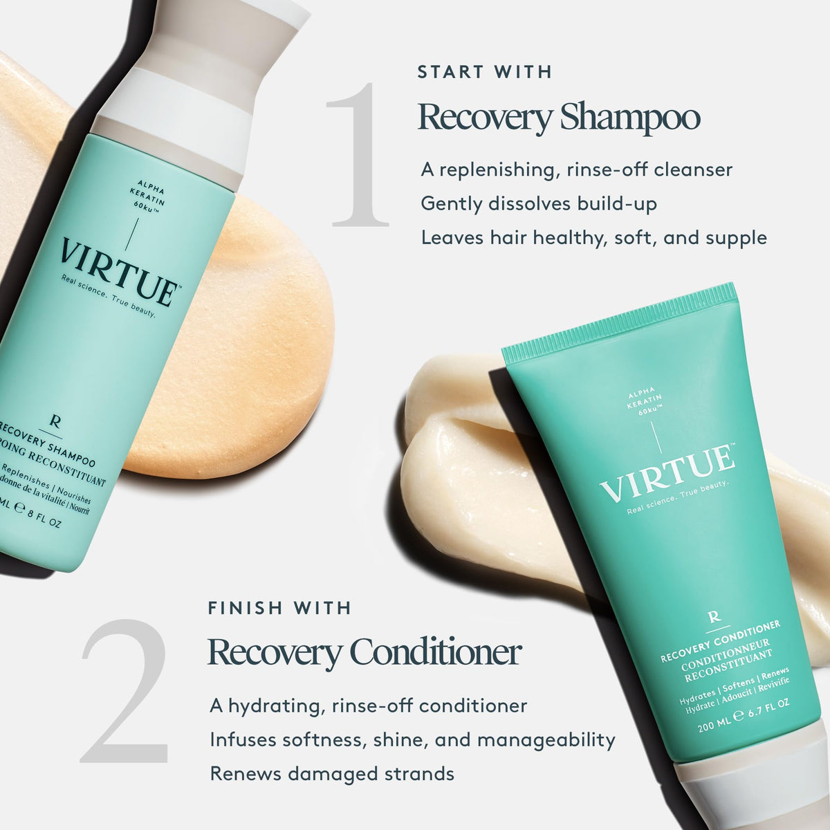 VIRTUE shampoo foam texture close-up demonstrating rich lather and softness