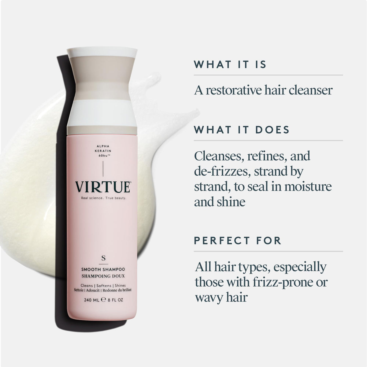 VIRTUE label detail close-up highlighting ingredient and claims