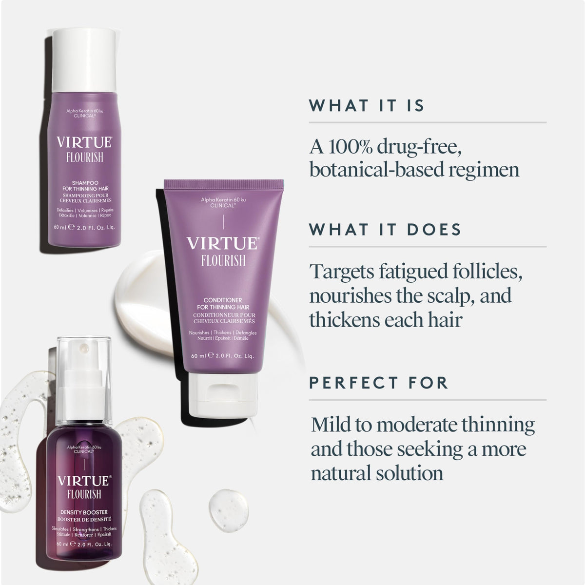 VIRTUE shampoo pump close-up highlighting gentle cleansing benefit