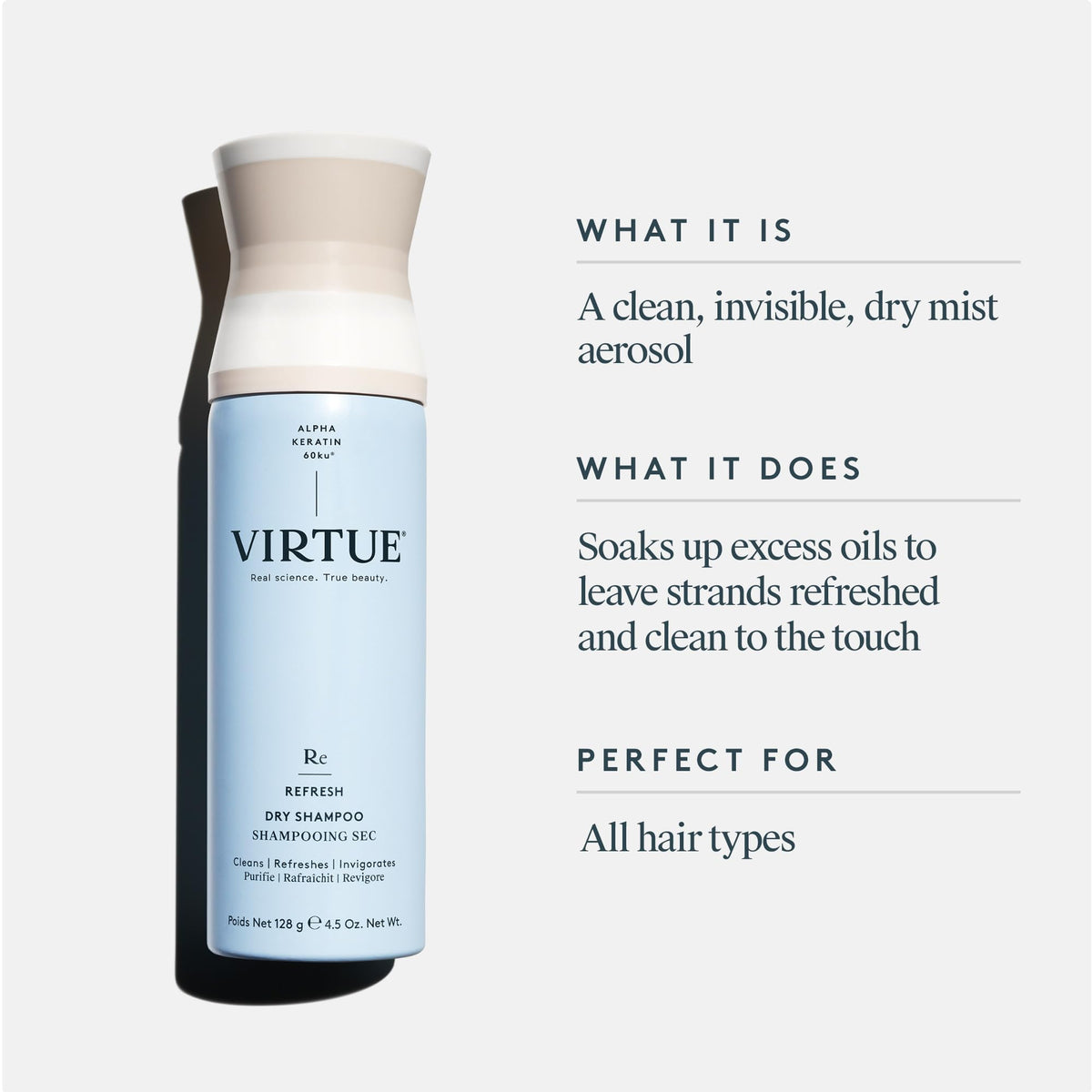 VIRTUE side label close-up listing gentle, sulfate-free ingredients and benefits