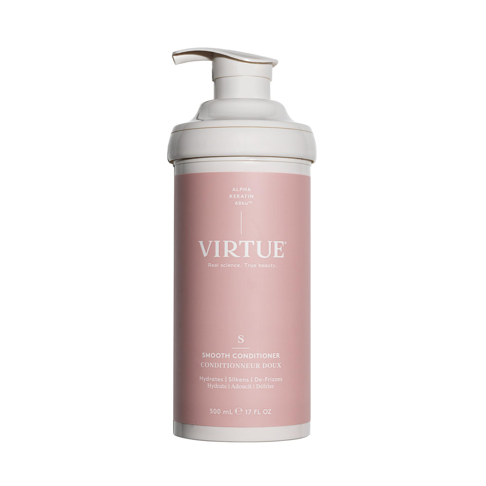 VIRTUE front bottle showing packaging and product benefit of frizz control