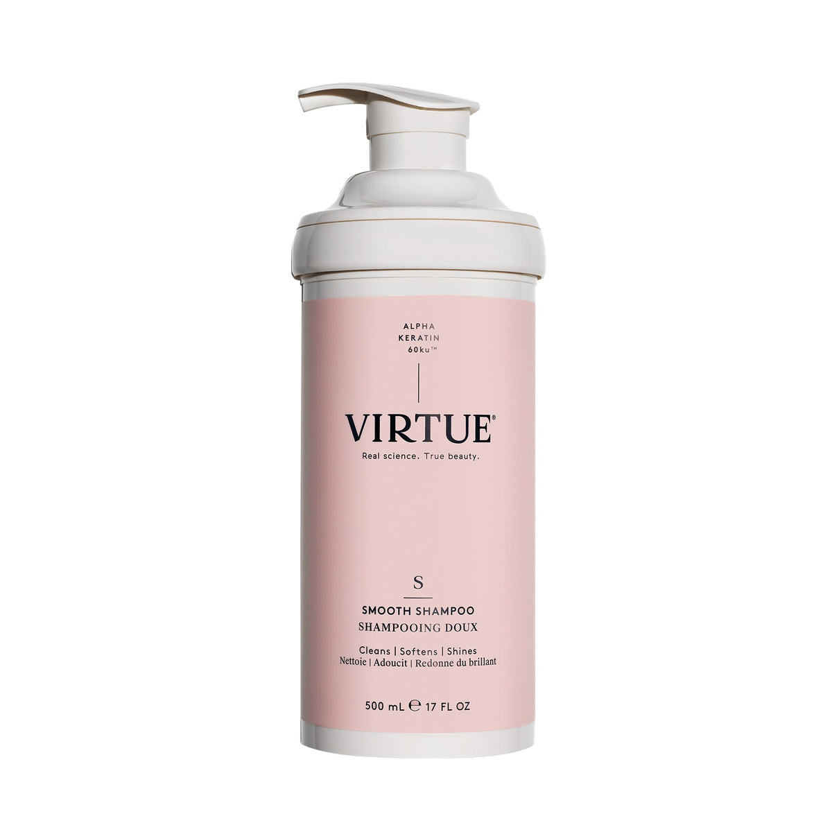 VIRTUE front bottle view showing smooth shampoo benefit