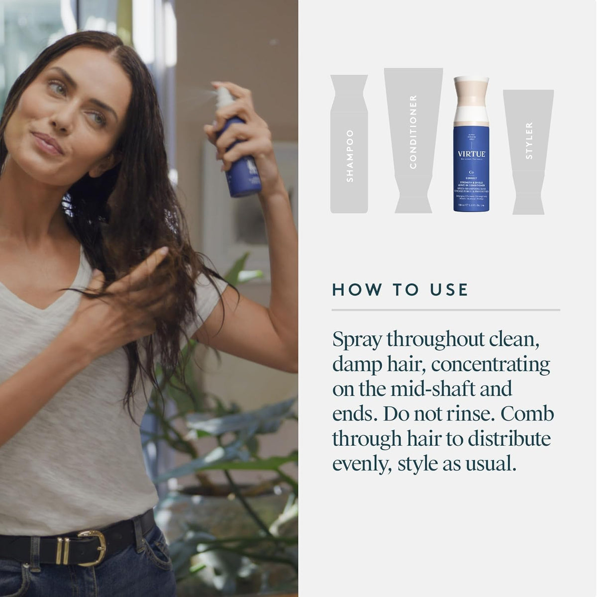 VIRTUE protecting hair during heat styling to reduce damage and frizz