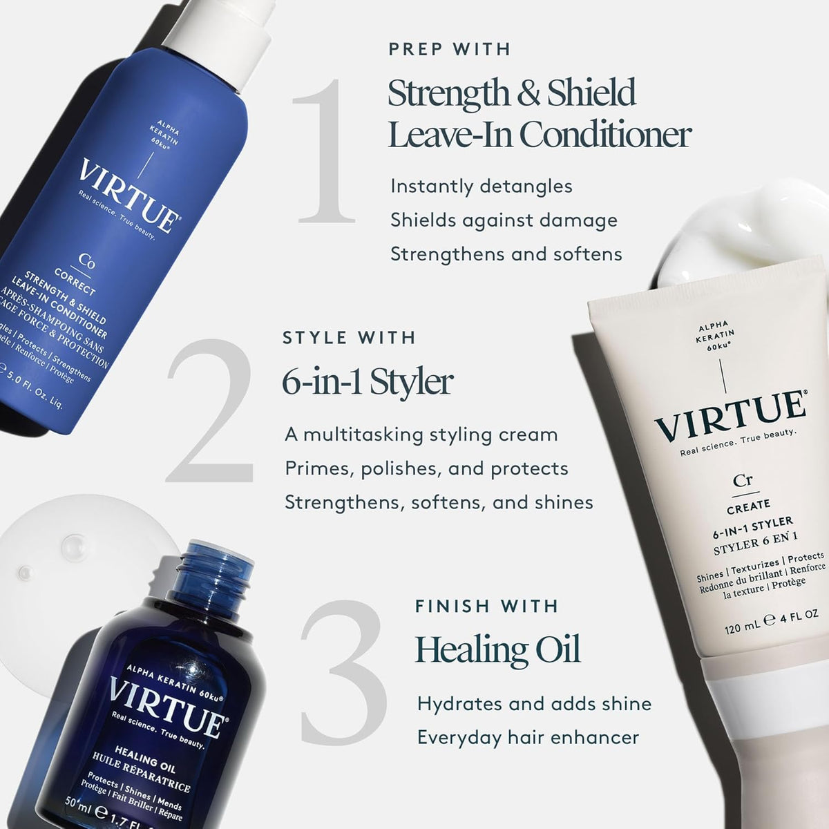 VIRTUE mist texture over hair strands showing lightweight, non-greasy finish