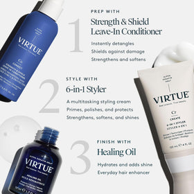 VIRTUE mist texture over hair strands showing lightweight, non-greasy finish