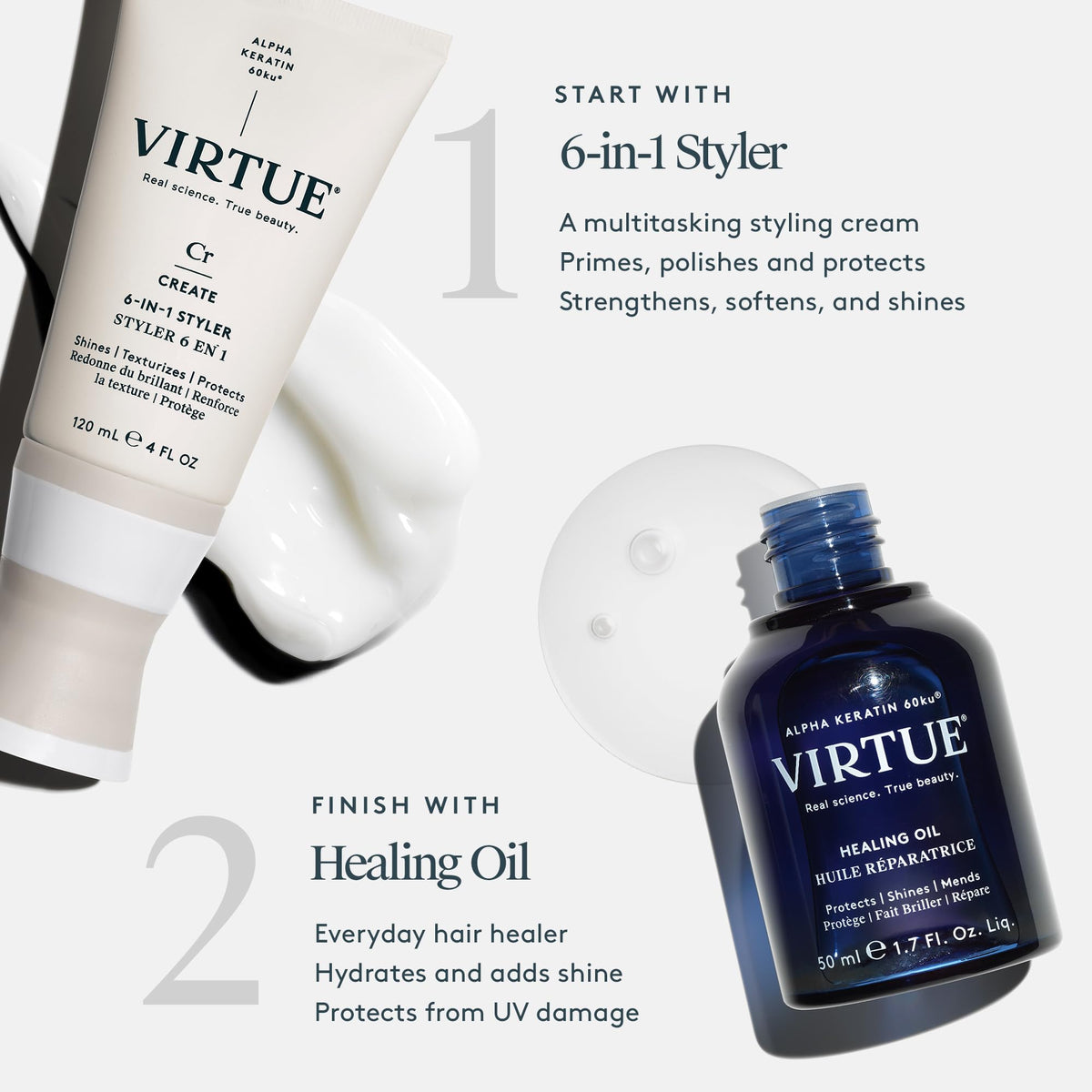 Virtue styler applied to damp hair showing smoother strands and easier detangling